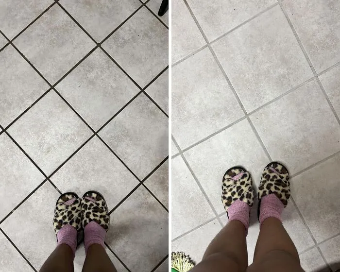 Before and after cleaning pictures show tiles with leopard print slippers and pink socks.