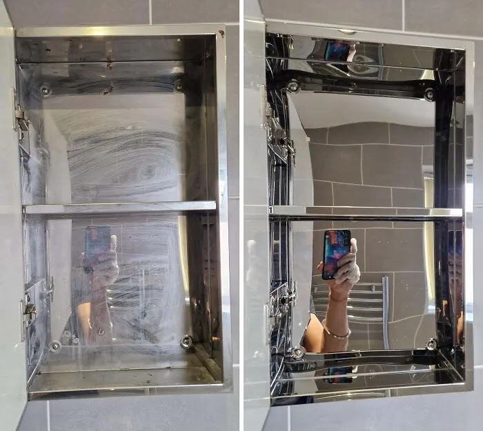 Before and after cleaning pictures showing a mirrored cabinet.