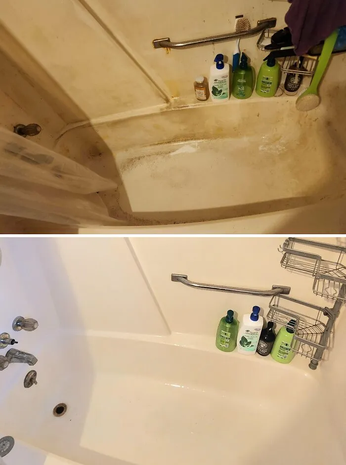 Before and after cleaning pictures of a bathroom tub, showing significant improvement in cleanliness.