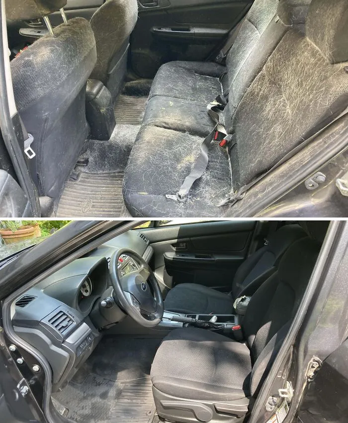 Before-after-cleaning pictures showing a car interior transformation from dirty to spotless.
