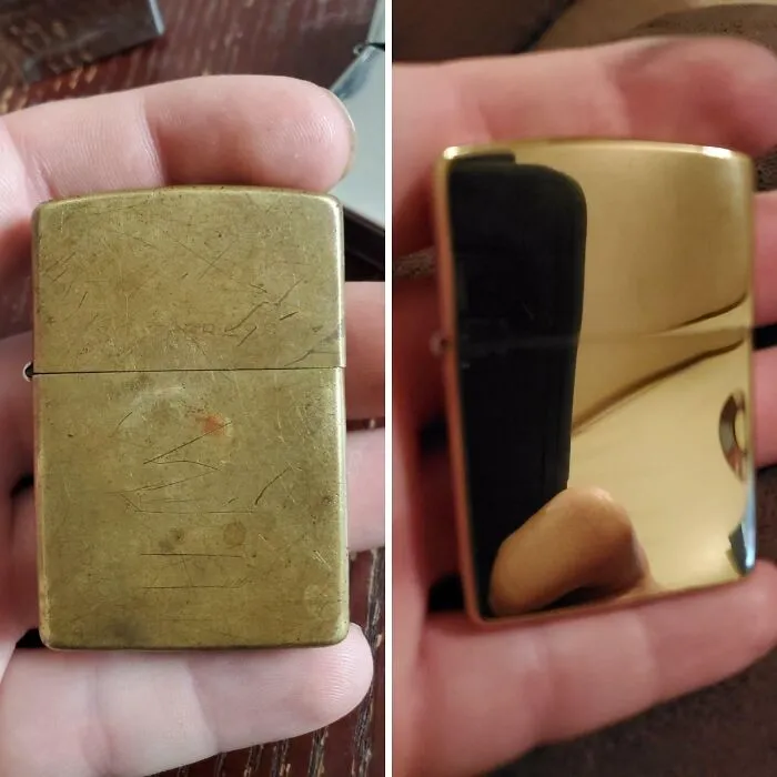 Before-after cleaning pictures of a brass lighter, showcasing its transformation from tarnished to shiny and polished.