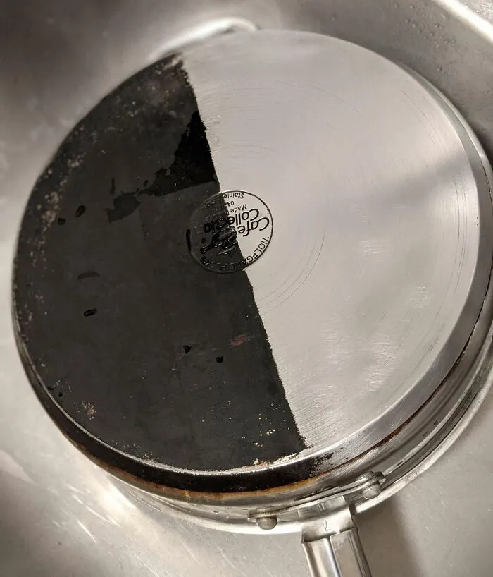 Before-after cleaning pictures of a pan showing a stark contrast between a clean and dirty surface.