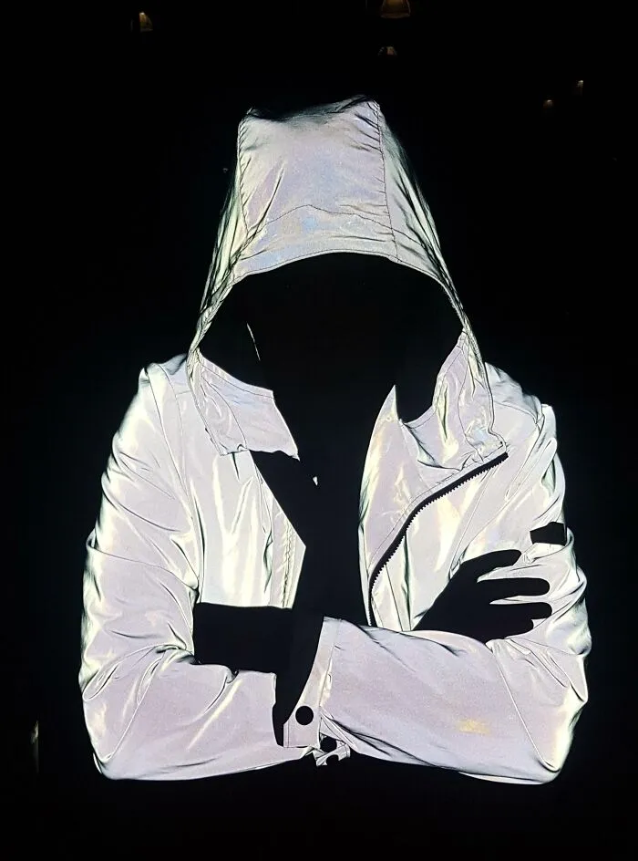 My Friends Jacket Is Made Entirely Out Of Reflective Material... This Is What A Picture With Flash Looks Like