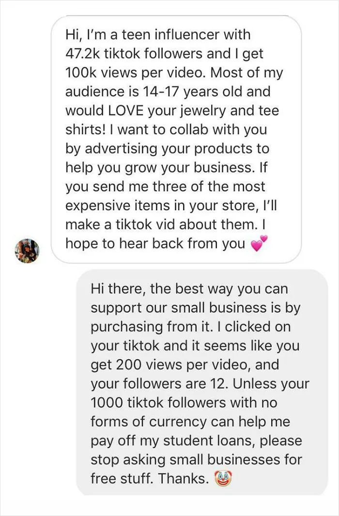 I Get A Lot Of Dms Daily From Teen TikTok “Stars” Asking For Free Stuff From My Business, And Here’s An Example