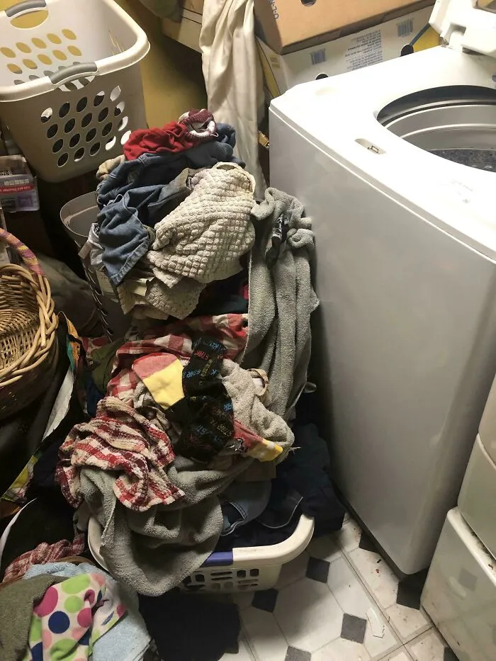 Gone For Two Weeks. My Husband Piled His Clothes By The Washer Instead Of Doing His Own Laundry