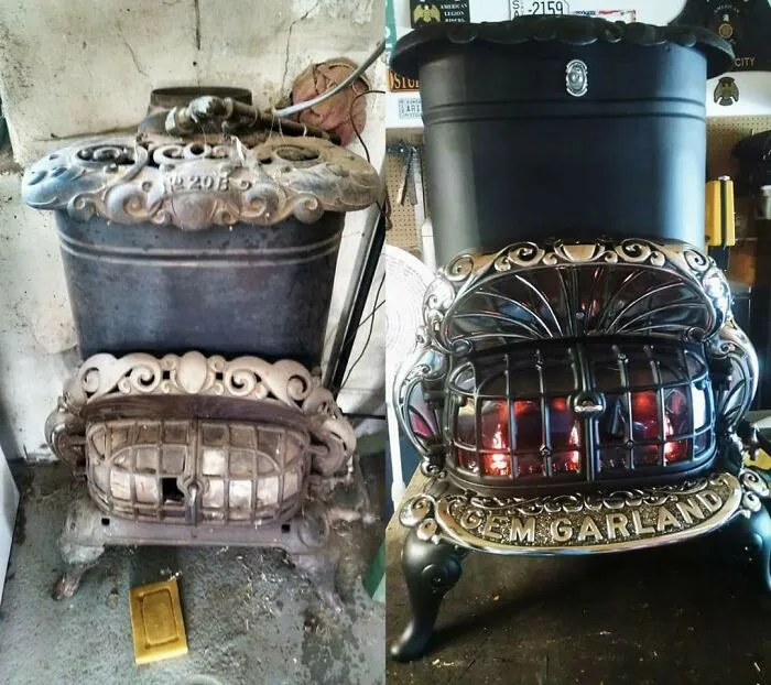 Restauré la estufa de gas de mis abuelos. No volvió a su estado original, la cámara de combustión y los quemadores estaban en muy mal estado, así que instalé bombillas eléctricas de llama parpadeante.