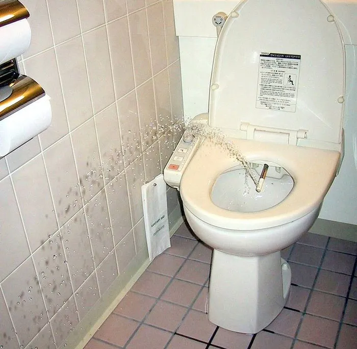 Bidet toilet spraying water, showcasing a potentially frugal choice.
