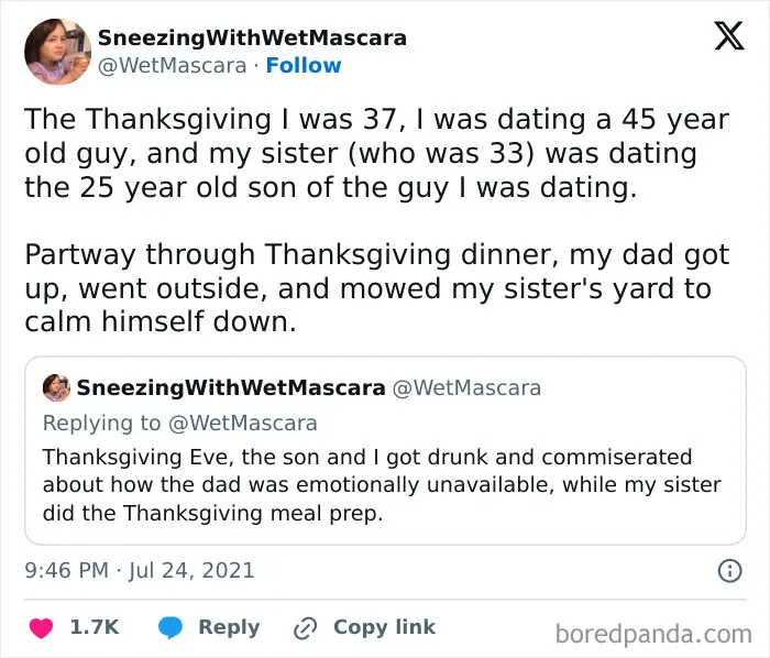 A meme about Thanksgiving family drama, highlighting a dad mowing the lawn to calm down, relatable to those above 30.