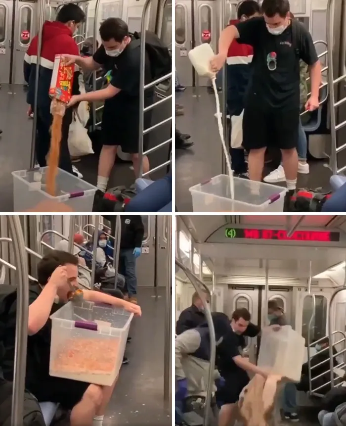Man pouring cereal and milk in a subway, causing a mess, exemplifying frustrating public transport passengers.