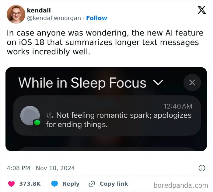 Funny tweet about iOS 18 AI feature summarizing texts humorously during Sleep Focus mode.