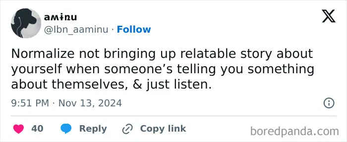Relatable meme about listening skills over 30, text encouraging attentive listening without sharing personal stories.