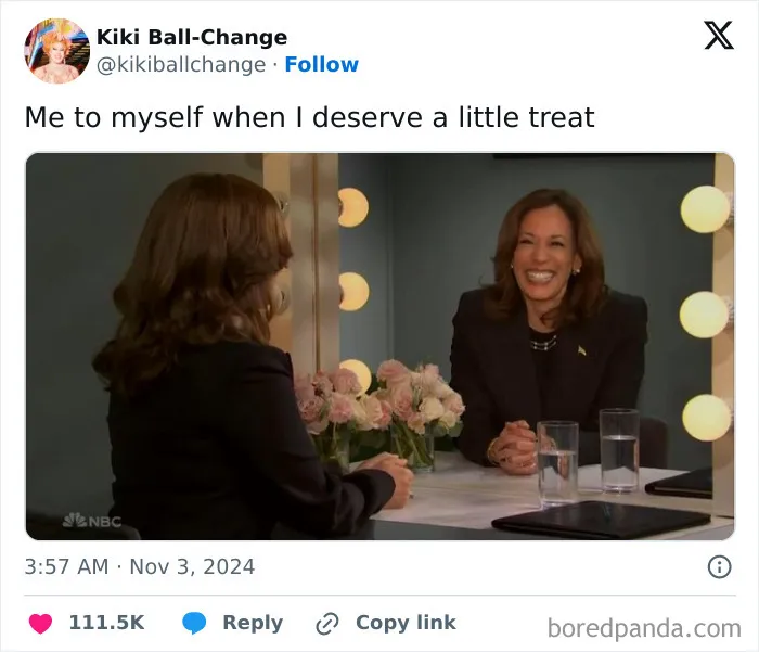 Two women smiling at each other across a table with flowers; a humorous moment from funny tweets online, November.