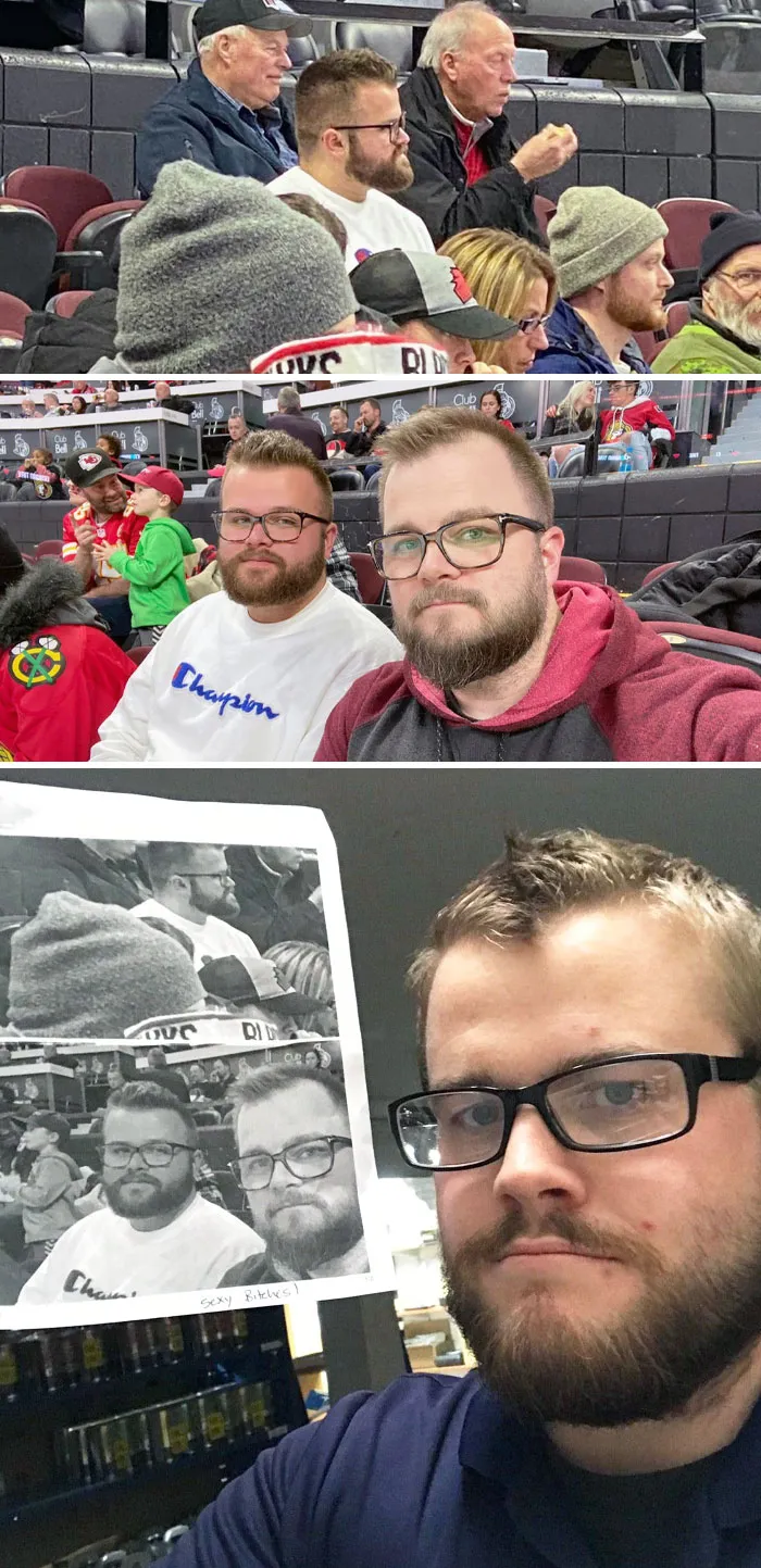 Uncanny doppelgangers at a sports event, two men with similar features capture the glitch in the matrix moment.