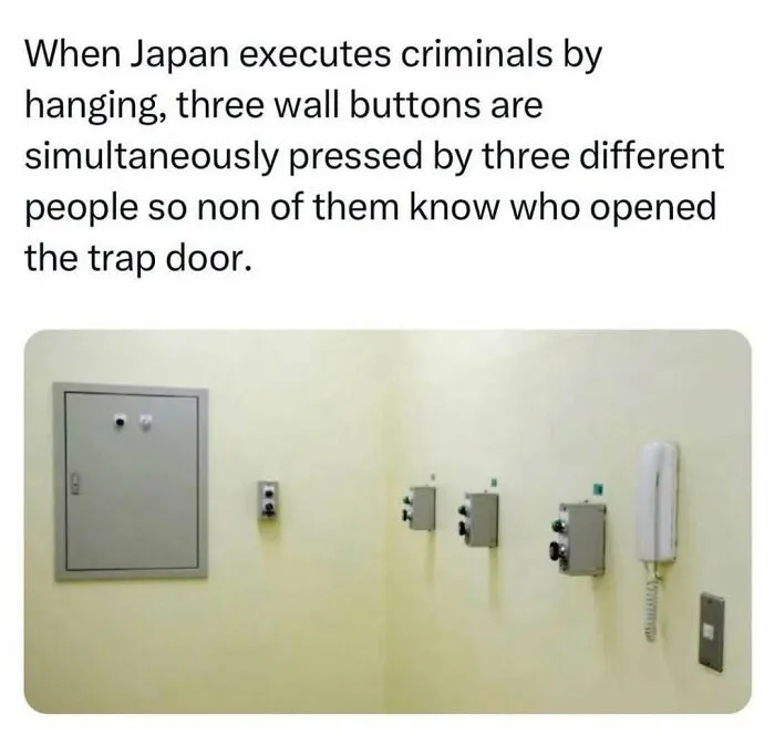 Wall with three buttons for simultaneous pressing, related to creepy facts shared on Instagram about executions in Japan.