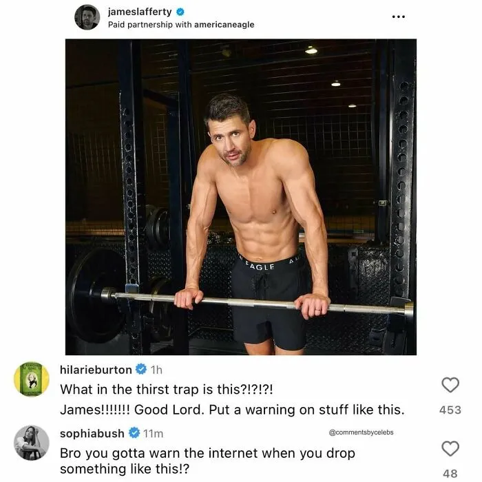Man at the gym with humorous celeb comments about his photo.