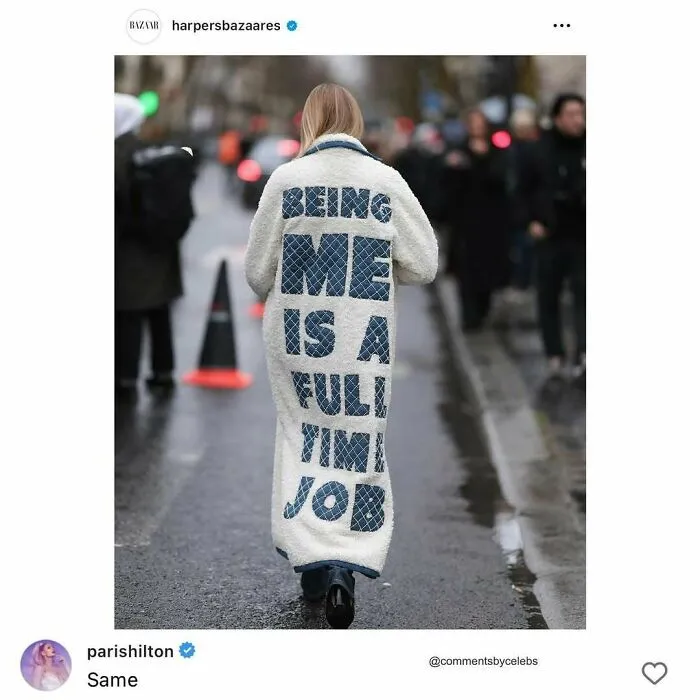 Person wearing coat with "Being Me Is a Full-Time Job," with funny celebs comment below.