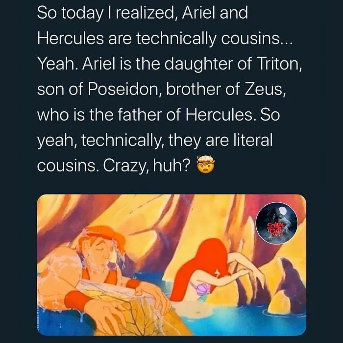 Text post sharing a weird fact about Ariel and Hercules being cousins, with an illustration of the characters.