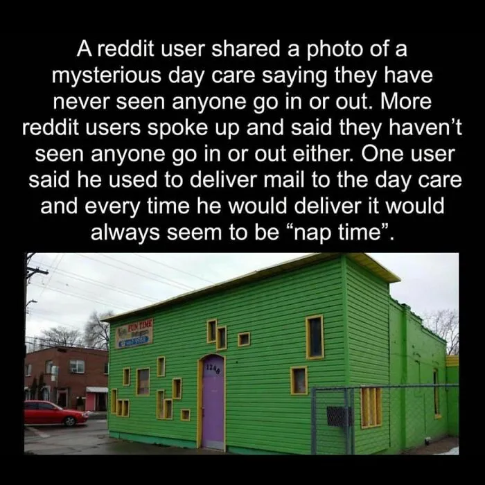 Green daycare building with unusual windows, known for having no visible activity, shared by Instagram account for weird facts.
