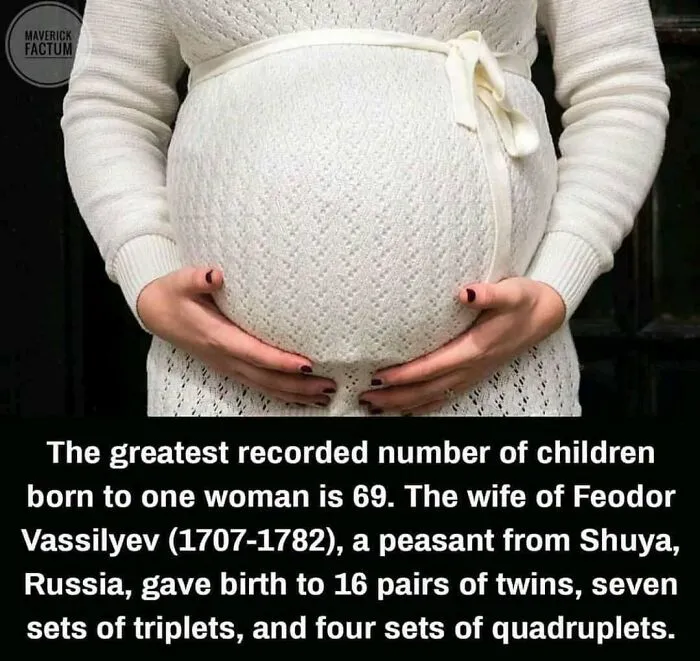 Pregnant woman holding her belly, with text about weird facts featuring the greatest number of children born to one woman.