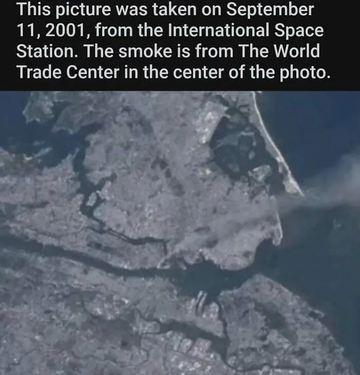 Satellite view of Manhattan on September 11, 2001, showing smoke from the World Trade Center; a weird fact shared online.