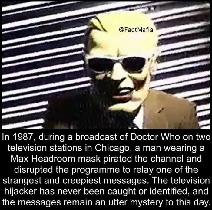 Man in Max Headroom mask hijacking TV broadcast, sharing creepy facts from Instagram account FactMafia.