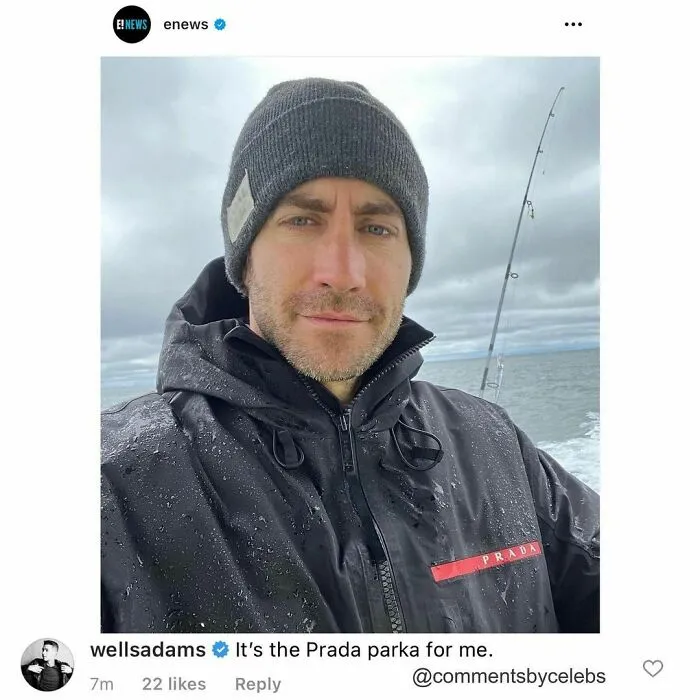 Celebrity in a Prada parka with humorous comment on Instagram.