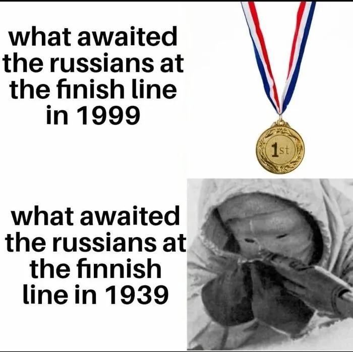 Gold medal and soldier contrasting Russia's experiences at Finnish line in 1999 and 1939, meme history lesson.
