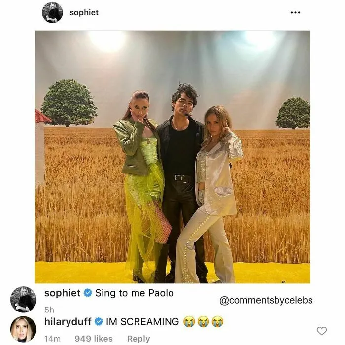 Celebs posing in front of a wheat field backdrop with funny comments on Instagram.