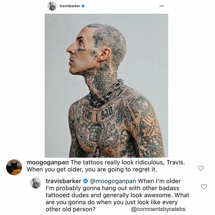 Tattooed celebrity responding humorously to a critical comment online.