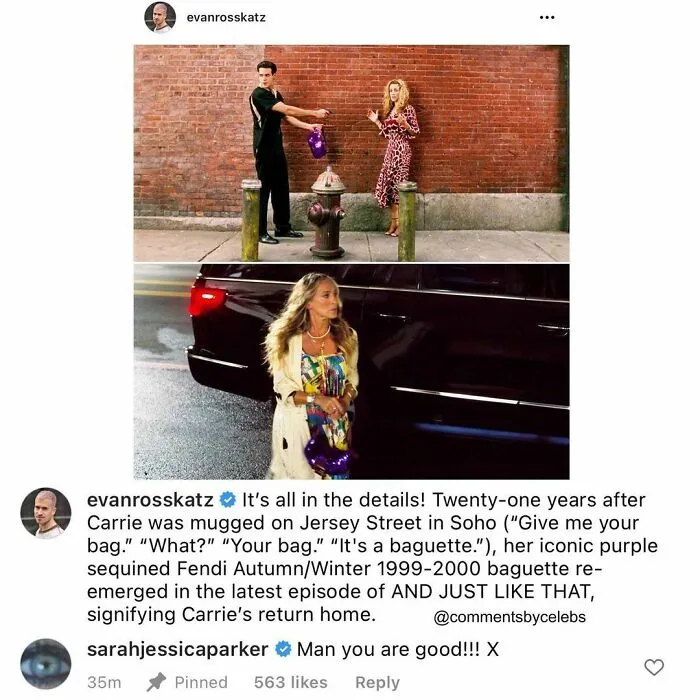 Celebs humor as Sarah Jessica Parker comments on a post about her iconic baguette bag scene.