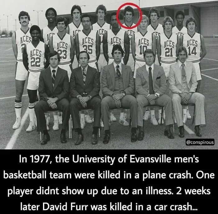Vintage photo of 1977 Evansville basketball team; underlined with a creepy fact about a tragic accident.