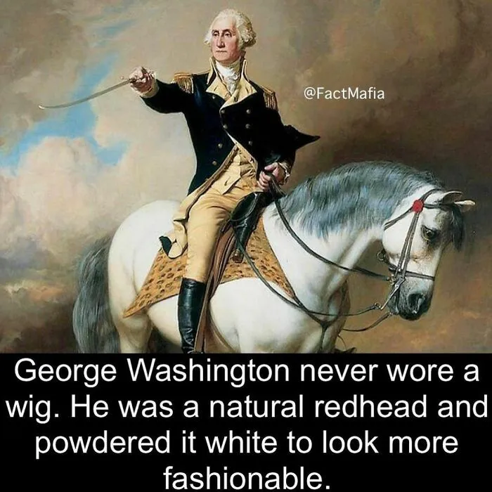 George Washington on horseback, highlighted with a caption about his natural red hair as a weird fact.
