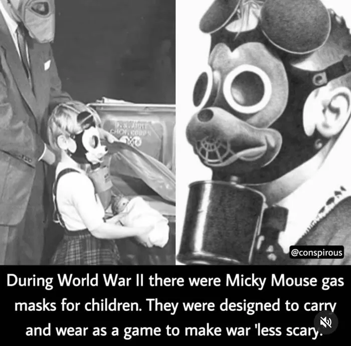 Weird facts: World War II kids wearing Mickey Mouse gas masks to make war seem less scary.
