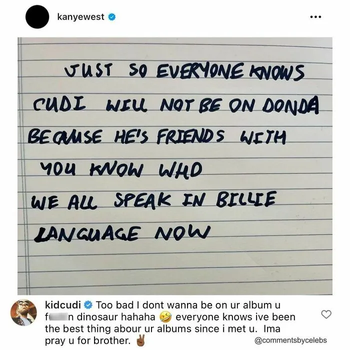 Handwritten note and comment exchange featuring funny remarks by celebs related to music collaborations.