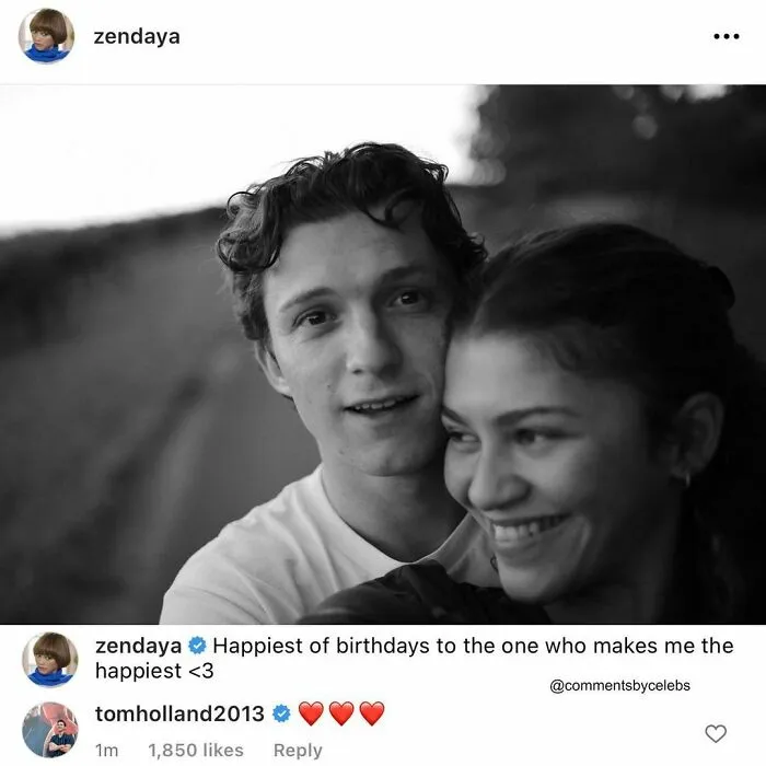 Celebs sharing a happy moment; a heartfelt birthday comment by Zendaya to Tom, with affectionate emojis.