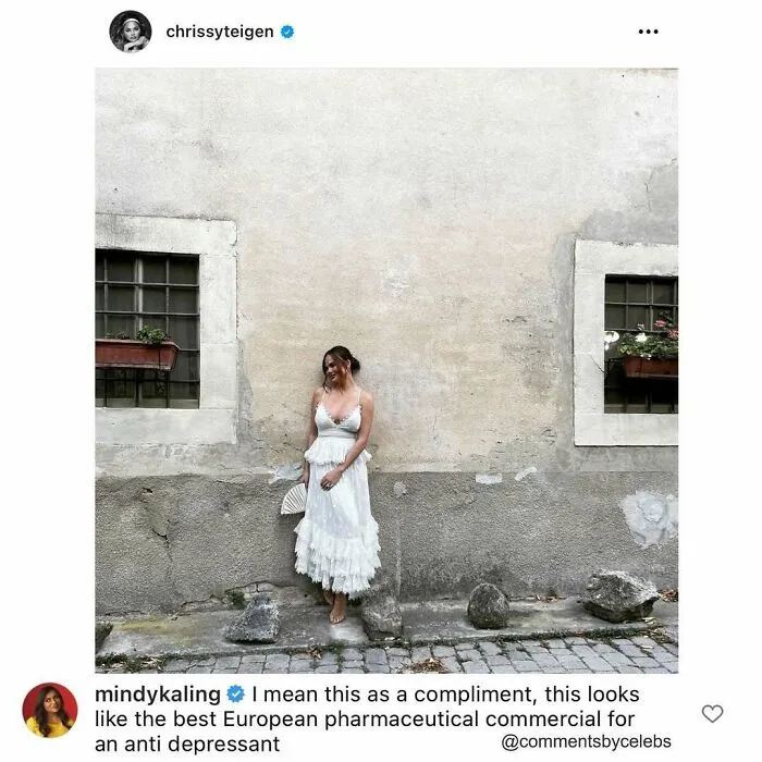 Woman in a white dress standing by a wall, with humorous comment by a celeb about a pharmaceutical ad.