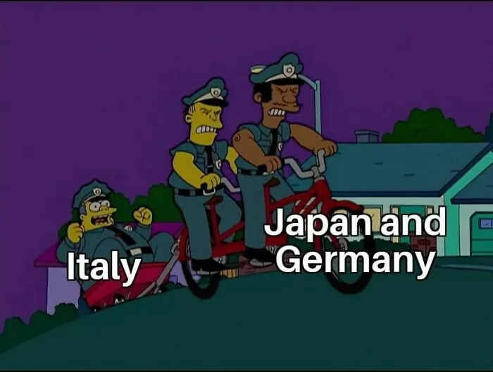 Italy, Japan, and Germany depicted in a humorous meme with cartoon characters riding a bicycle.