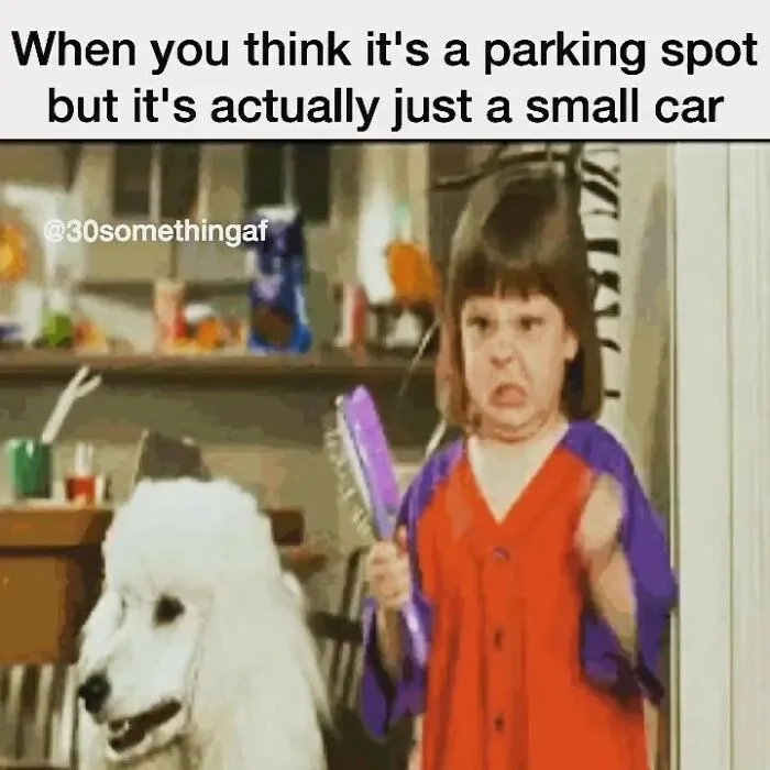 Young girl making a funny face with a poodle nearby; relatable meme for those above 30.