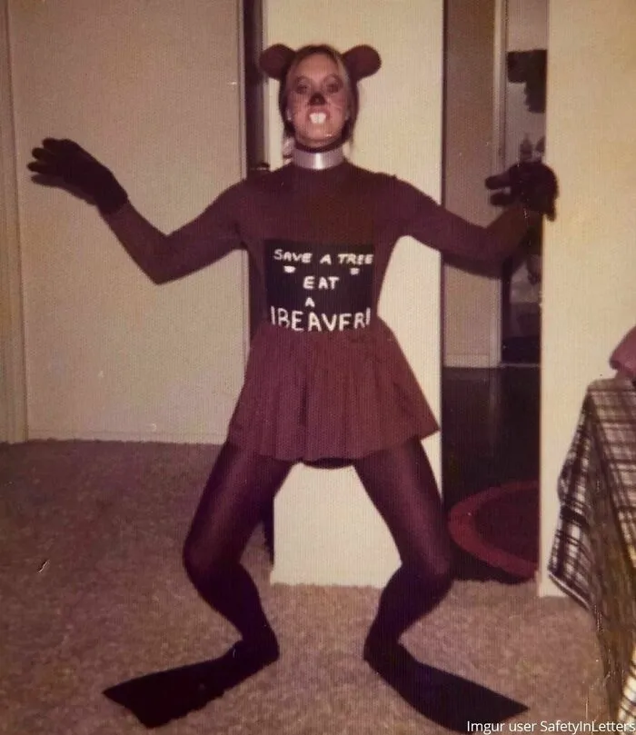 Person in a beaver costume with humorous text, part of unforgettable family photos that went viral.