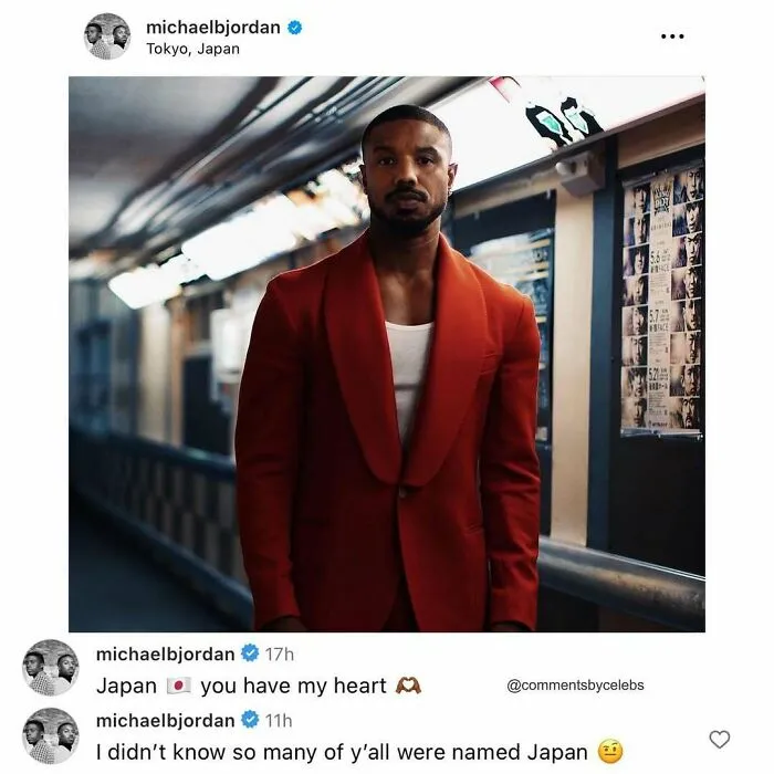 Man in a red jacket with thoughtful expression in a hallway, featuring funny comments by celebs underneath.