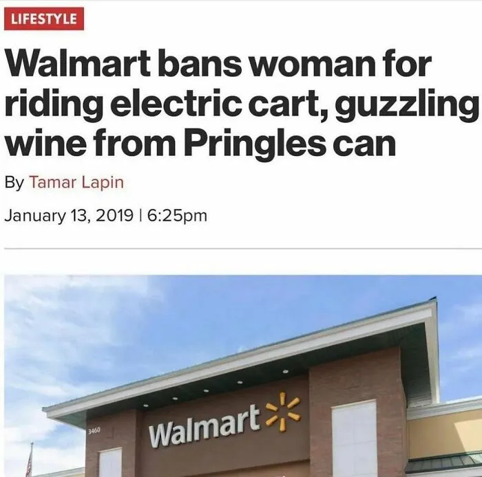 Walmart entrance with headline about woman banned for riding an electric cart, showing a meme relatable to those above 30.