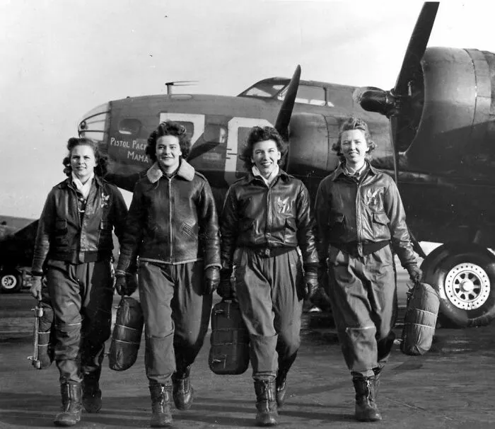 Frances Green, Margaret (Peg) Kirchner, Ann Waldner And Blanche Osborn, Women Airforce Service Pilots During Wwii, Pictured Here As They Leave Their Airplane,