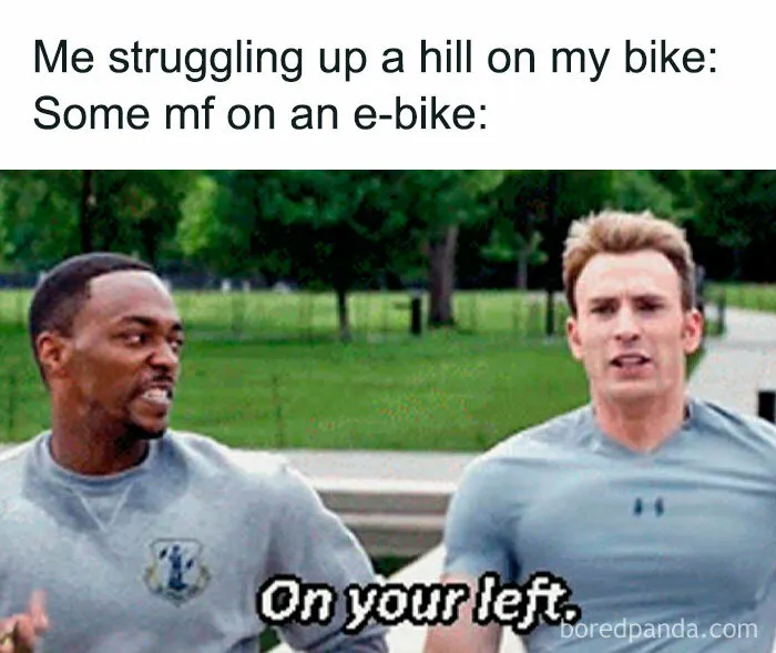 An E meme with two men jogging, comparing biking uphill versus an e-bike, capturing the funny side of the electric future.