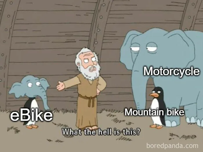 Comic E meme humorously depicting varied bikes, including eBike, referencing the funny side of electric future.