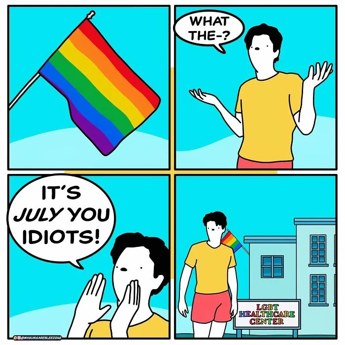 Comic by Miles Erickson featuring a humorous twist with a rainbow flag and a July revelation at an LGBT center.