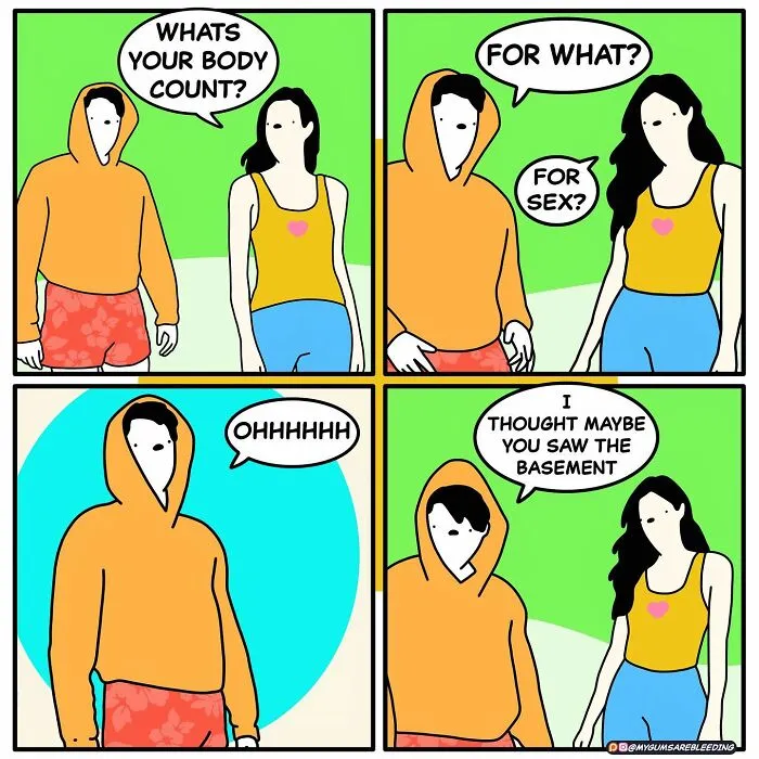 Comic with two characters having a humorous conversation about "body count" and a twist involving a basement.