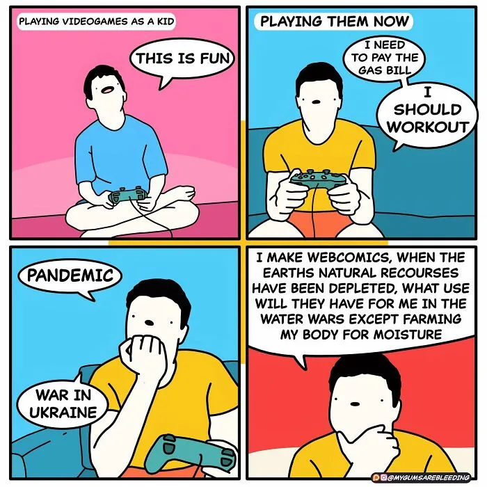 Comic by Miles Erickson showing a humorous take on gaming from childhood to adulthood with unexpected twists in life.
