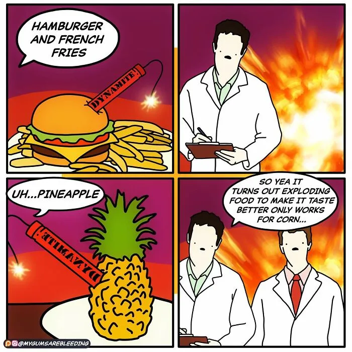 Bold comic with twisted ending by Miles Erickson featuring dynamite-infused food for humorous effect.