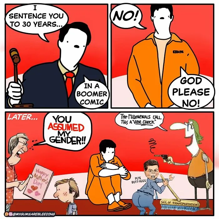 Comic by Miles Erickson featuring bold humor and twisted endings with characters in courtroom and confrontational scenes.