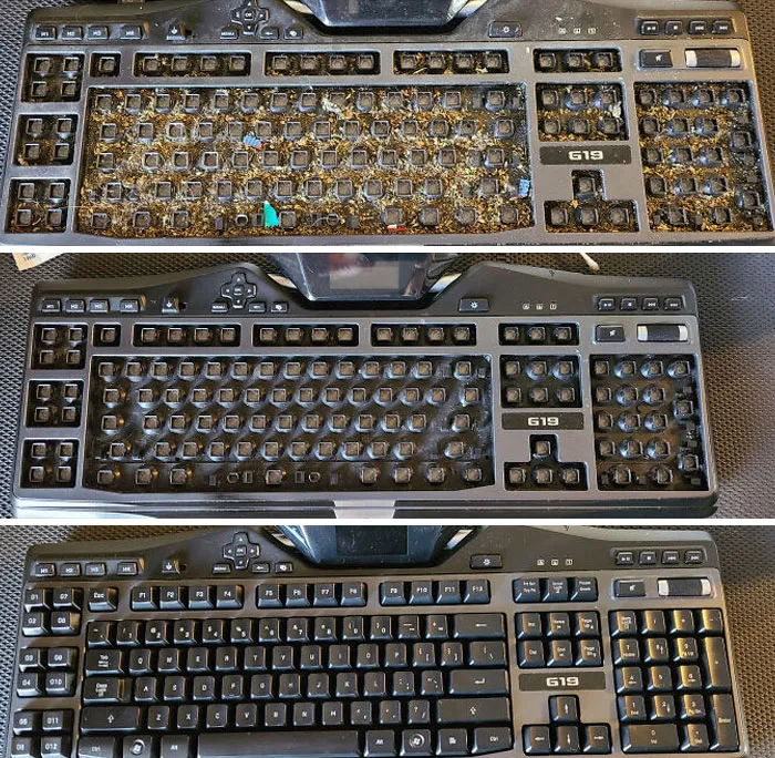 Before-after cleaning pictures showing a keyboard transformation from dirty to clean in three stages.